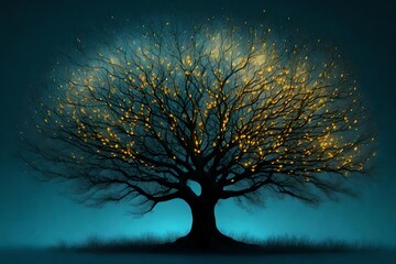 Digital leafless tree with yellow lights, Generative Ai illustration - Powered by Adobe