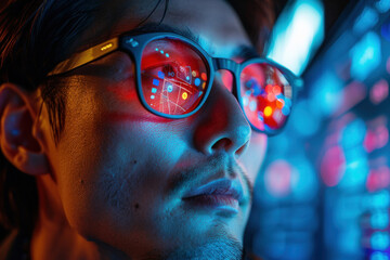 Asian man in 3D virtual glasses in and interactive glass board
