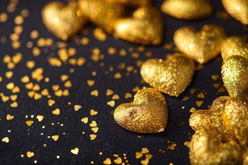 Fototapeta na wymiar Gleaming Gold Heart-Shaped Confetti on a Black Background for Celebratory Concept. Concept Party Decor, Celebration, Heart Confetti, Gold Theme, Black Background