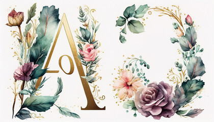 Alphabet, floral A letters with watercolor painting flowers roses and leaves. Isolated monogram initials perfectly for wedding invitations, greeting card, logo, poster background, Ai generated image