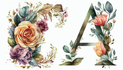 Alphabet, floral A letters with watercolor painting flowers roses and leaves. Isolated monogram initials perfectly for wedding invitations, greeting card, logo, poster background, Ai generated image