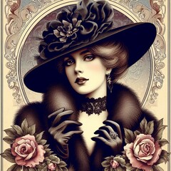 Elegant vintage illustration of a woman with a black hat with roses frame, Retro illustration