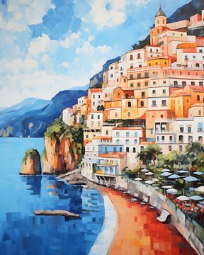 Amalfi Italy Coast Acrylic Painting Illustration Artwork - Watercolor Travel Mediterranean Coastal Print - Tourism Italian Cliff Coastline Seascape Portofino Oil Painting Portrait Destination Wall Art