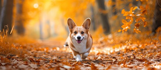 A lively and charming Corgi Welsh Pembroke dog energetically dashes through a vibrant forest adorned with a carpet of autumn leaves.