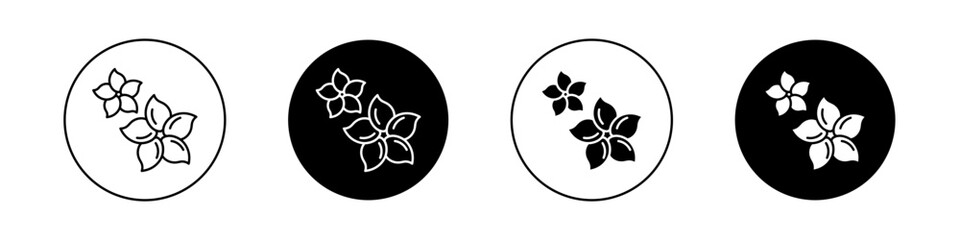 Jasmine Icon Set. jasmine plumeria Fragrant Blossom Perfume Vector Symbol in a Black Filled and Outlined Style. Chrysanthemum Essence of Purity Sign.