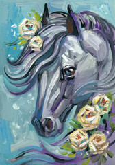 Horse with flowers oil painting art. White roses, leaves. Animal prints, horse paint on paper. Gray horse on blue background.