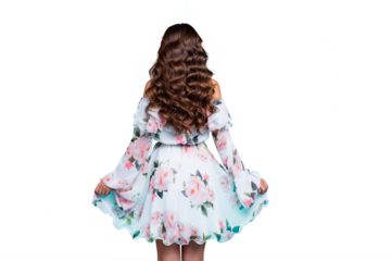 Back rear behind view photo of young lady hold hands on hem of light white dresses stand isolated on vivid turquoise background