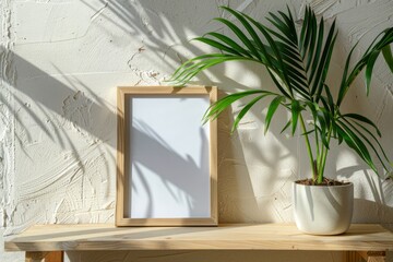 minimalistic wood frame with plant on shelf, generative AI