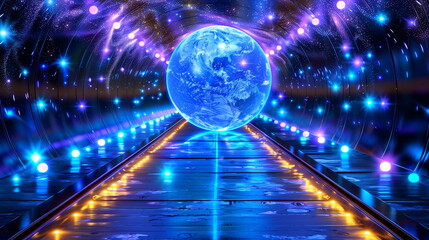 Futuristic image of Earth on a glowing, starlit track, suggesting advanced technology and space exploration themes