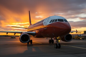 Fototapeta na wymiar Passenger plane parked on airfield at stunning sunset, travel and aviation concept