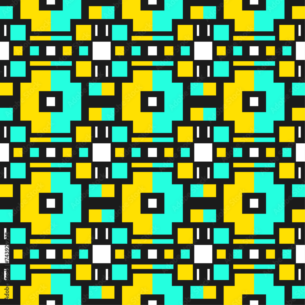 Poster seamless pixel pattern mosaic. bright rectangle and square on element isolated on black background w