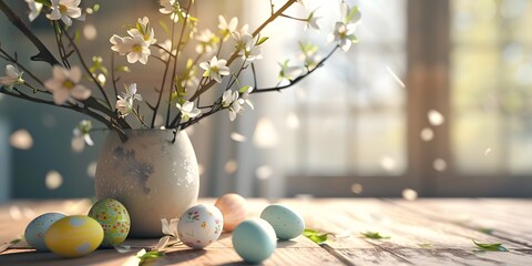 Tree branches decorated with Easter eggs in a vase in light colors - obrazy, fototapety, plakaty