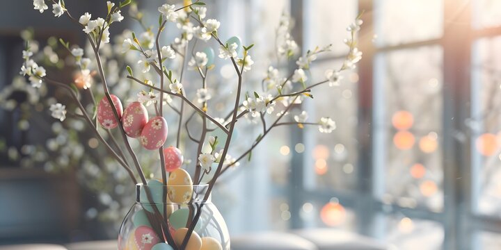 Tree branches decorated with Easter eggs in a vase in light colors