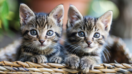 Fototapeta na wymiar Adorable Kittens Sitting in Wicker Basket. Two cute tabby kittens with striking blue eyes peeking out from a wicker basket.