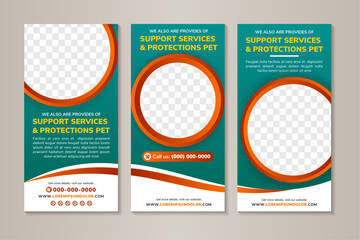 collection of support services and protection pet roll up banner template. green gradient background. fully marketing purpose design. attractive standee vertical layout banners. space for photo.