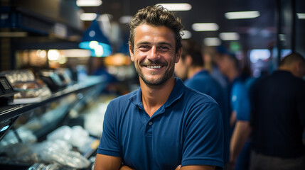 Portrait of young man buying food and drinks in store