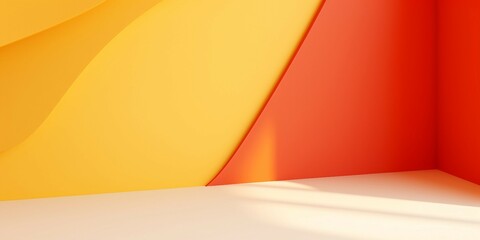 3D風抽象横長バナー。赤と黄色の曲線的な壁と平らな床がある空間