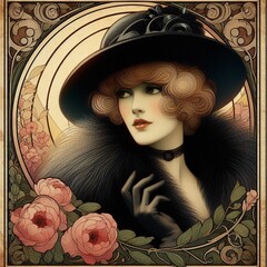 Vintage illustration of a blonde woman, art deco style illustration, woman in a black fur and a hat