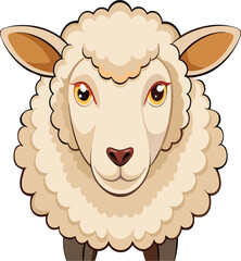 Friendly cartoon illustration of a cute, fluffy sheep with big, brown eyes