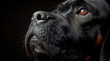 Dramatic portrait of a black dog looking up, with fine details highlighting its fur and eyes - obrazy, fototapety, plakaty