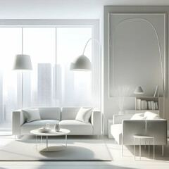 A 3D white interior background with a minimalist and modern style. The background features a white sofa, a coffee table, a floor lamp, and a large window with a city view. Interior,room, Ai generated 