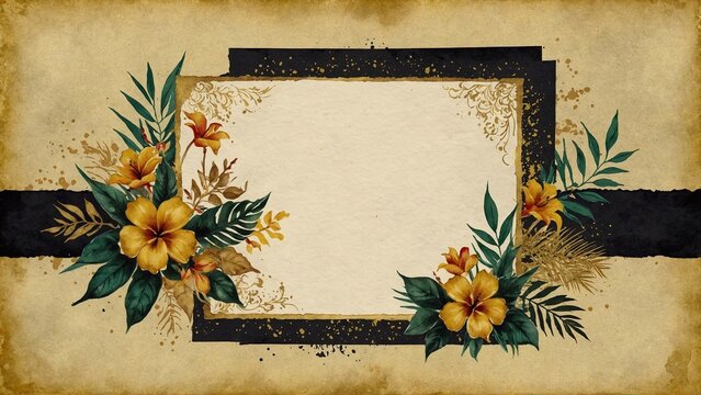 vintage background with old paper frame with space for text and tropical flowers decor