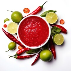Naklejka premium Glass of spicy sweet called Chamoy, with chili around