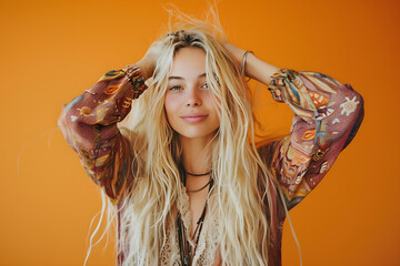 Glückliche junge Frau mit blonden Haaren, beide Hände am Kopf, streichen durchs Haar, erstellt mit generativer KI