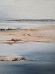 Abstract beach painting with brush strokes, coastal, contemporary art. Hand drawn art. Muted beige and blue texture oil on canvas