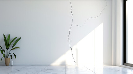 White wall in a new house with a long crack or tear, structural damage