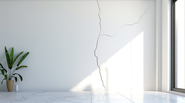 White wall in a new house with a long crack or tear, structural damage