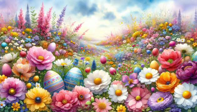 Colorful spring flowers and Easter eggs adorning a vibrant garden scene.