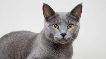 Portrait of Russian blue cat on grey background