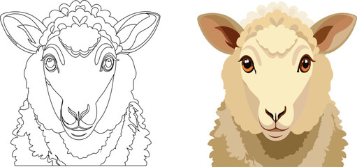 Cute sheep illustration and coloring page