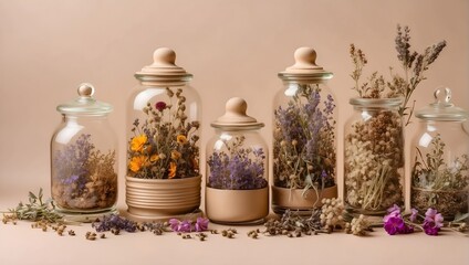 Obraz na płótnie Canvas Herbal apothecary aesthetic. Jars with dry herbs and flowers on a beige background