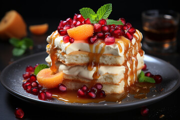 Sliced cake with exotic toppings