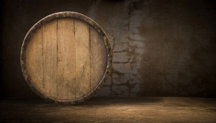 Oktoberfest beer barrel and beer glasses with wheat and hops on wooden table. High quality photo