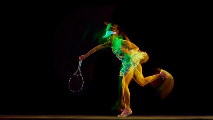 Athletic woman, tennis player in motion, with trail of fiery colors following her swing against...