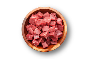 Raw beef meat in a wooden bowl isolated on transparent or white background, png