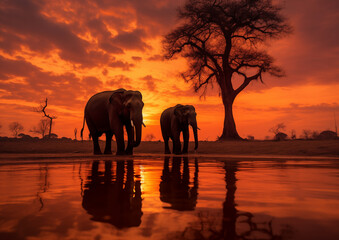 Fototapeta na wymiar A pair of African elephants walks along the lake In the savannah, at sunset. World Elephant Day. Front view.