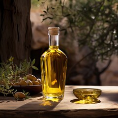 olive oil and olives. A glass bottle filled with golden olive oil