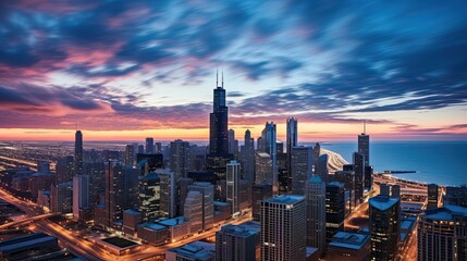 Downtown Chicago Skyline Aerial View at Dusk. Stunning Panorama of the Iconic Skyscrapers