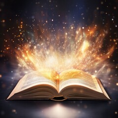 open book with mystic bright light on white background