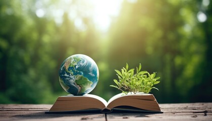 Planet over the open book on a wooden table in nature, green blurry background. World Environment Day. World Mental Health Day concept - obrazy, fototapety, plakaty