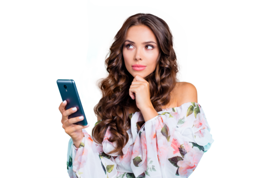 Portrait of adorable, good-looking, magnificent brunette look aside touch chin isolated on shine turquoise background with modern blue smartphone in hands - Powered by Adobe