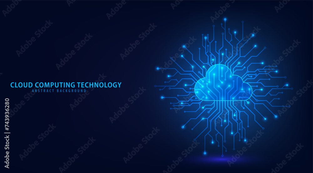 Poster Cloud Computing technology Internet and cyber technology concept. Abstract cloud connection technology on a blue color background. Cloud Computing network with internet icons. Vector and Illustration.