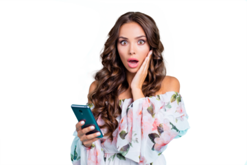 Portrait of worried lady with wide open mouth and big eyes isolated on bright teal background with modern blue smartphone in hands touch cheek by palm