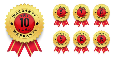 Collection of warranty numbers 5, 7, 8, 9, 10, 12, 15 years. label badge gold, and red ribbon style, Set of warranty logo design isolated on white background, Vector golden warranty and illustration.