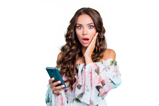 Portrait of worried lady with wide open mouth and big eyes isolated on bright teal background with modern blue smartphone in hands touch cheek by palm