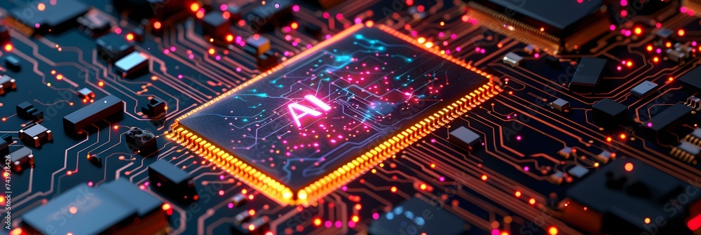 Poster the text about ai on the chip. concept artificial intelligence, chip technology, advanced computing,